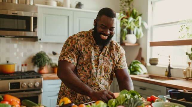 A smiling Black man wearing a colorful shirt prepares a meal in a sunny kitchen, surrounded by fresh produce - Powered by Adobe