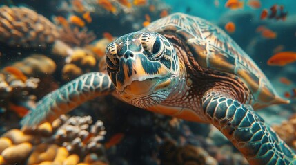 Fototapeta premium Turtle Among Colorful Tropical Fish & Coral Reef Sea Life in Underwater World