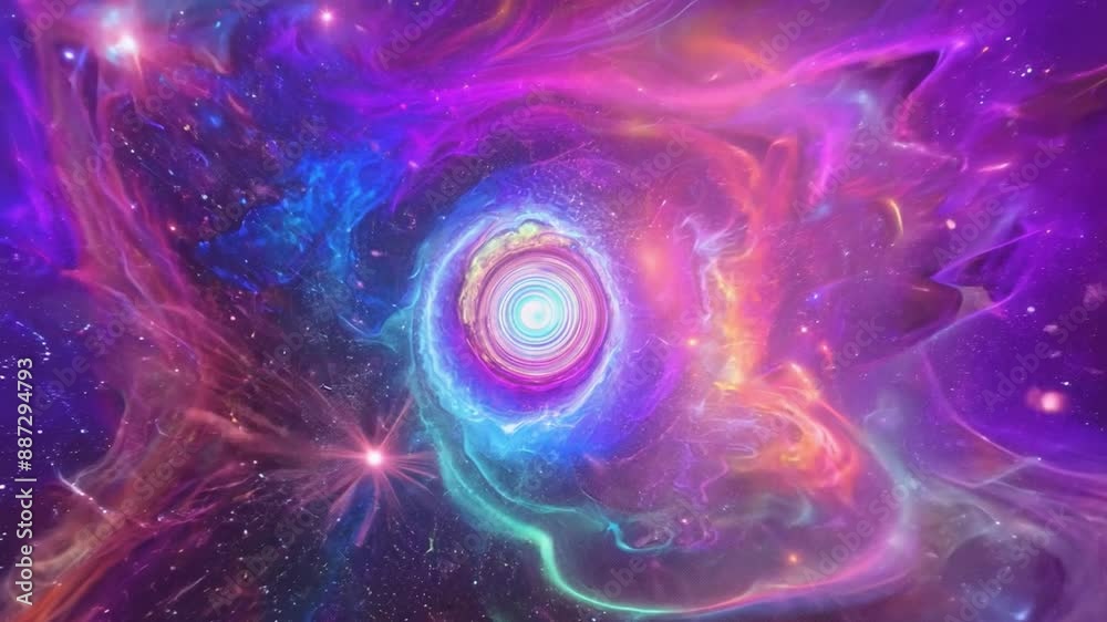 Poster a colorful nebula with a bright ring of light in the center, surrounded by swirling clouds of gas an