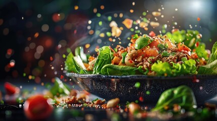 Vibrant fresh salad bursting with color, topped with tomatoes, cucumbers, and leafy greens, captured in a dark rustic setting.