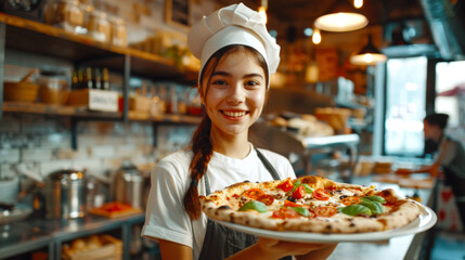 Fototapeta premium A young female chef in an apron and a chef's hat holds a plate with a large hot pizza with tomatoes and basil leaves. Italian cuisine. 