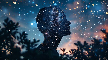 Silhouette of a person's head filled with stars and galaxies, blending with a vibrant, dreamy night sky, surrounded by tree silhouettes.