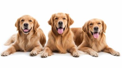 Three Golden Retrievers Lying Down, white Background 