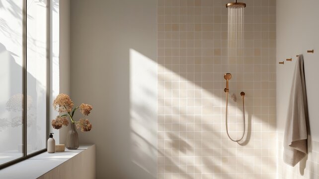A warm orange shower corner with terracotta tiles and a copper rainfall showerhead.