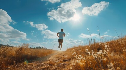 A lone runner makes their way down a dusty path, their figure silhouetted against the bright sun and a cloud-filled sky. The golden grass rustles gently in the breeze