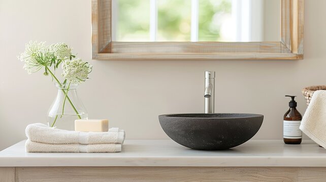 A dramatic black stone sink with a matte finish.