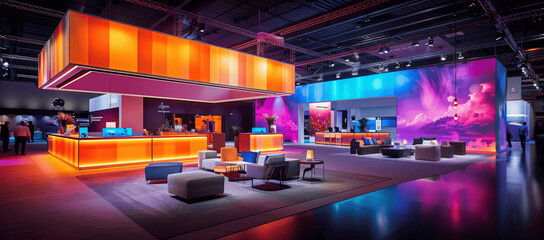 Interactive Tech Exhibition Stand with LED Lights and Modern Furniture at Business Convention