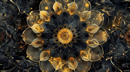 Gold and Black Flower Pattern Mandala creating a stunningly intricate floral design. AI generated