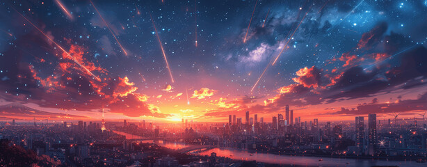 Anime Night Sky with Shooting Stars Over Cityscape, Fantastical, Colorful Streaks, Cinematic, Wide Shot, Hyper Realistic, Detailed, Blue and Purple Tones, Long Exposure, Sunset