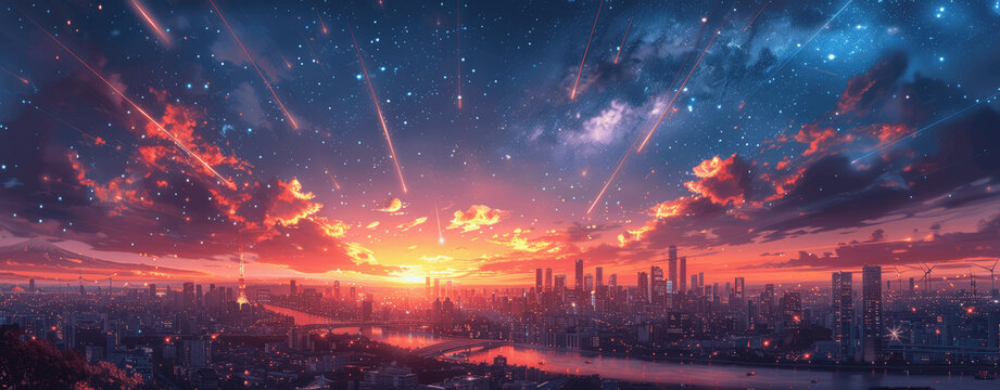 Anime Night Sky with Shooting Stars Over Cityscape, Fantastical, Colorful Streaks, Cinematic, Wide Shot, Hyper Realistic, Detailed, Blue and Purple Tones, Long Exposure, Sunset
