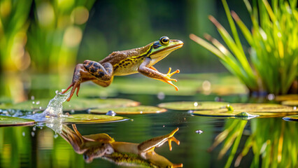 a frog jumped into the pond surrounded by nature