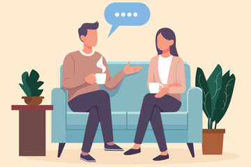 A flat vector illustration design with husband and wife sitting on sofa having tea and talking