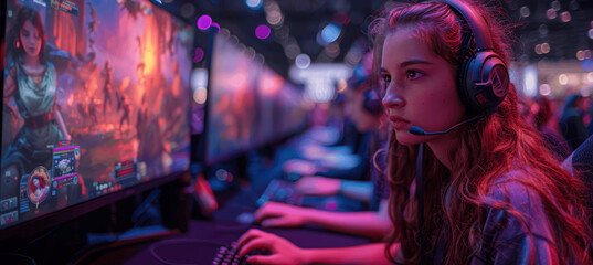 Professional Female Gamers Compete in Live Purple-Lit Arena at Regional Gaming Expo with Large LED Screens and Enthusiastic Crowd in Exhibition Hall