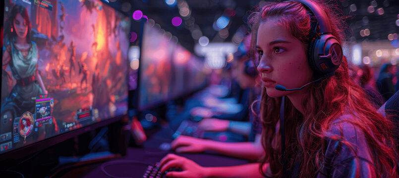 Professional Female Gamers Compete in Live Purple-Lit Arena at Regional Gaming Expo with Large LED Screens and Enthusiastic Crowd in Exhibition Hall