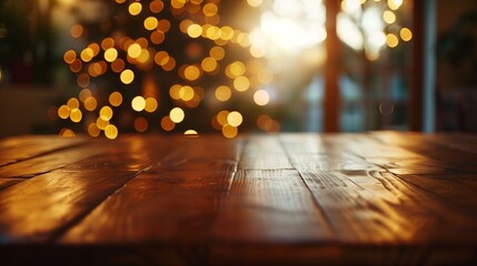 A warm and inviting scene featuring a wooden table with golden bokeh lights and a Christmas tree in the background, creating a cozy holiday atmosphere.