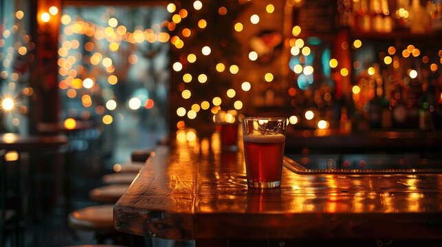 A vibrant pub scene showcasing a wooden bar with a glass of beer, surrounded by warm golden bokeh lights, creating a lively and inviting atmosphere for socializing.