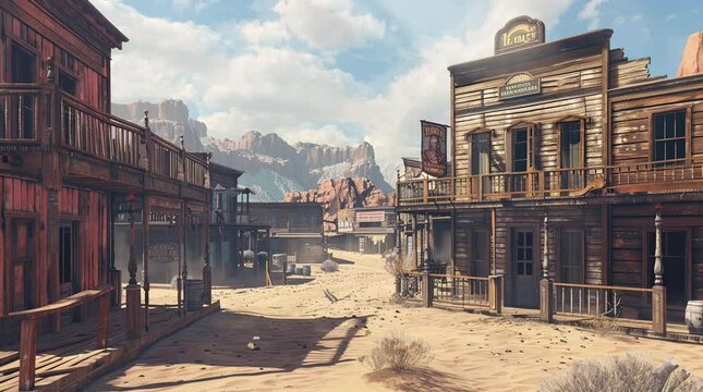 Wild West landscape with rustic saloon houses at dusk creating a nostalgic and atmospheric scene.
 Seamless looping 4k time-lapse virtual video animation Generated AI