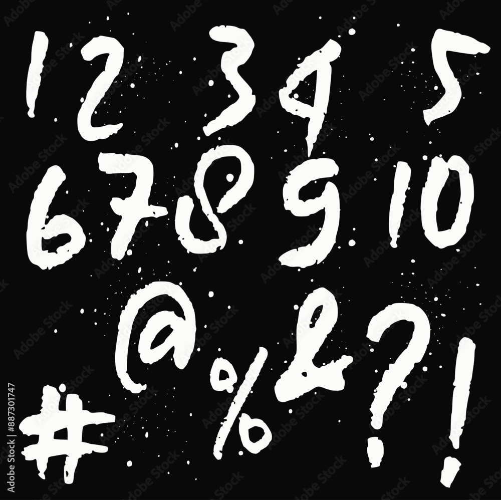 Fototapete Hand written calligraphy alphabet black ink brush lettering, Vector hand drawn number collection, grunge font style with ink splashes. numbers and punctuation marks, grunge font style with ink splashe