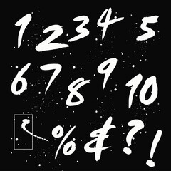 Fototapeta premium Hand written calligraphy alphabet black ink brush lettering, Vector hand drawn number collection, grunge font style with ink splashes. numbers and punctuation marks, grunge font style with ink splashe