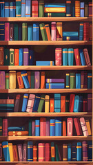 Aesthetic vector illustration of a bookshelf filled with colorful books. The shelves are packed with books of various sizes and colors, enhancing the lively and vibrant atmosphere. This artwork is 