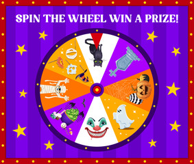 Halloween holiday spin, fortune wheel roulette. Fortune gamble circle spin, Halloween lottery prize vector roulette with scary clown, mummy and witch cat characters, masks, gravestone and treats