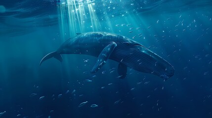 Humpback Whale Swimming in Sunlit Ocean Depths