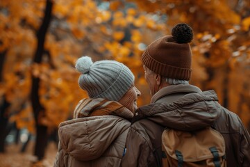 Senior Couple Enjoying Autumn Walk in Cozy Warm Clothing, Golden Fall Foliage Background