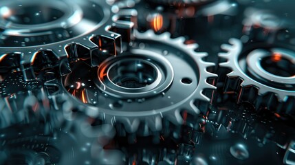 Fototapeta premium Metallic Gear Mechanism with Shiny Industrial Parts and Dark Reflections