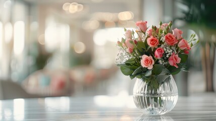 A bouquet of red roses rests in a crystal vase on a marble table in a ballroom.