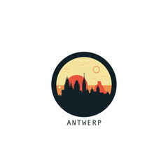 Antwerp skyline, downtown panorama logo, logotype. Belgium city round badge contour, isolated vector vintage pictogram with monuments, landmarks