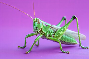 Fototapeta premium Grasshopper bouncing on a solid purple background 145 grasshopper, insect, macro, green, locust, isolated, nature, animal, bug, cricket, white, grass, closeup, close-up, pest, hopper, antenna, leg, 