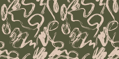 Fototapeta premium Exotic camouflage seamless pattern with hand drawn brush strokes. Gouache painting background with scribble stripes
