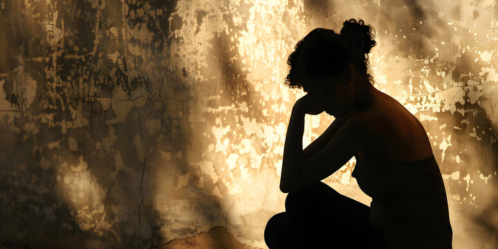 A woman is sitting on the ground with her hands on her head