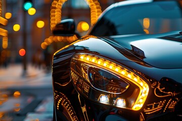 A black car with bright lights on the front