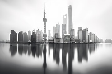 Fototapeta premium A city skyline with a large building in the middle