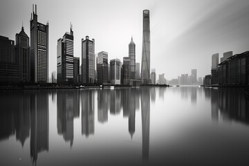 Fototapeta premium A city skyline is reflected in the water