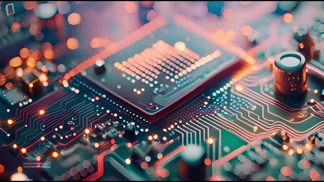 A close up of a circuit board with many electronic components. Multi Colored Computer Wafer Macrophotography Stunning Artwork
