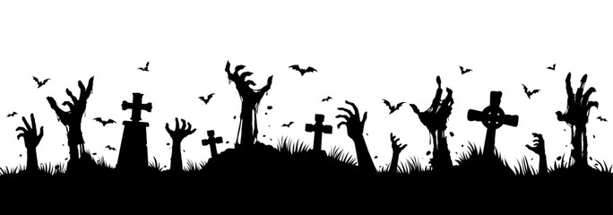 Zombie hands on cemetery silhouette. Vector scary and creepy graveyard landscape with monster arms stick up from the tombs, flying bats, black necropolis with undead creatures on white background