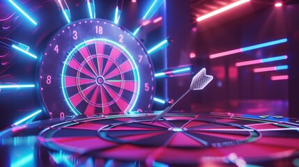A single dart is stuck in the center of a dartboard, bathed in vibrant neon blue and pink lighting
