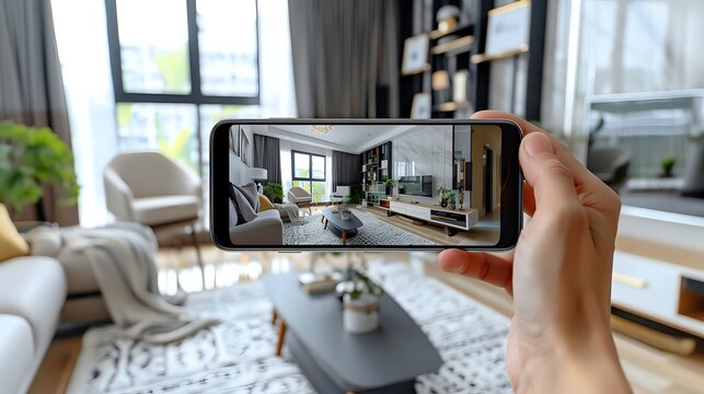 A hand holding a phone showing a virtual tour of a modern living room.