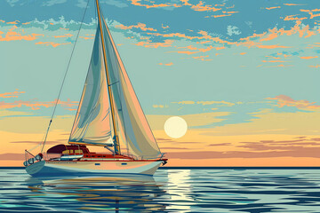 Fototapeta premium A serene vector illustration of a classic sailboat on still water during a beautiful sunset. The sky is painted with hues of orange and blue, reflecting 