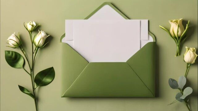 Elegant Green Envelope with White Roses and Blank Card on Green Background