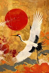 A majestic red-crowned crane soars through a stormy sky, its wings outstretched and powerful