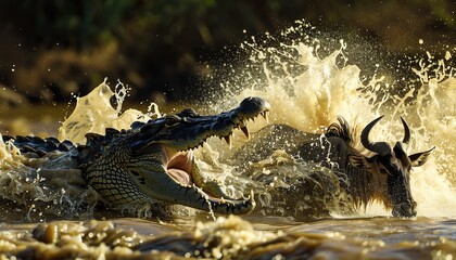 A crocodile bursts from the water, jaws wide, about to seize a wildebeest in a dramaticSheng Si You Guan De Bo Dou .