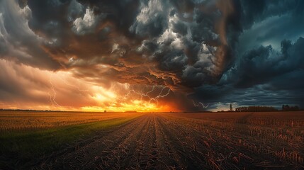 A dramatic and awe-inspiring landscape photograph of a vast wheat field during a powerful thunderstorm
