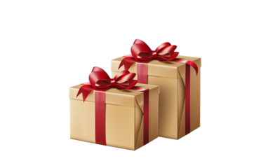 Gift boxes wrapped in gold and red ribbons. Isolated on transparent background.