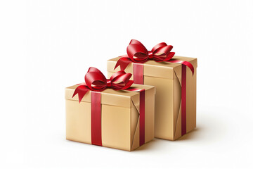 Obraz premium Gift boxes wrapped in gold and red ribbons. Isolated on white background.