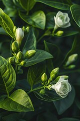 Obraz premium A beautiful close-up of a white flower in bloom against a backdrop of lush green leaves