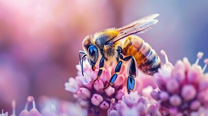 Generate a photo of a bee on a flower. The bee should be in focus and the flower should be slightly blurred. The colors should be vibrant and the background should be soft.