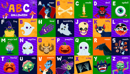 Halloween holiday alphabet, abc kids type with cartoon horror night monsters characters. Vector letters of english alphabet with scary pumpkin, witch, zombie, ghost personages, trick or treat candies